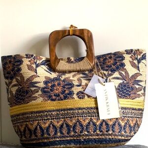 Antik Kraft Natural Navy Gold Metallic Jute Tote Handbag